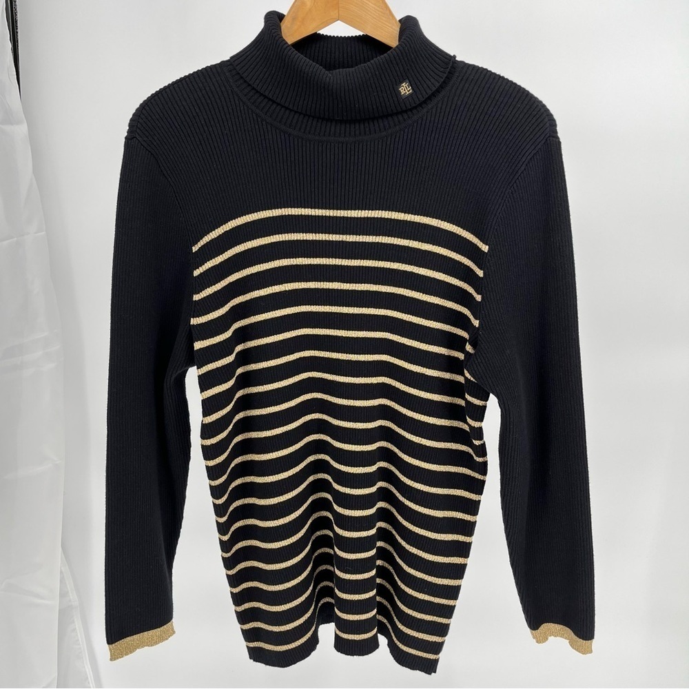 Lauren Ralph Lauren Womens Turtleneck Gold Metallic Striped Sweater Size XXL